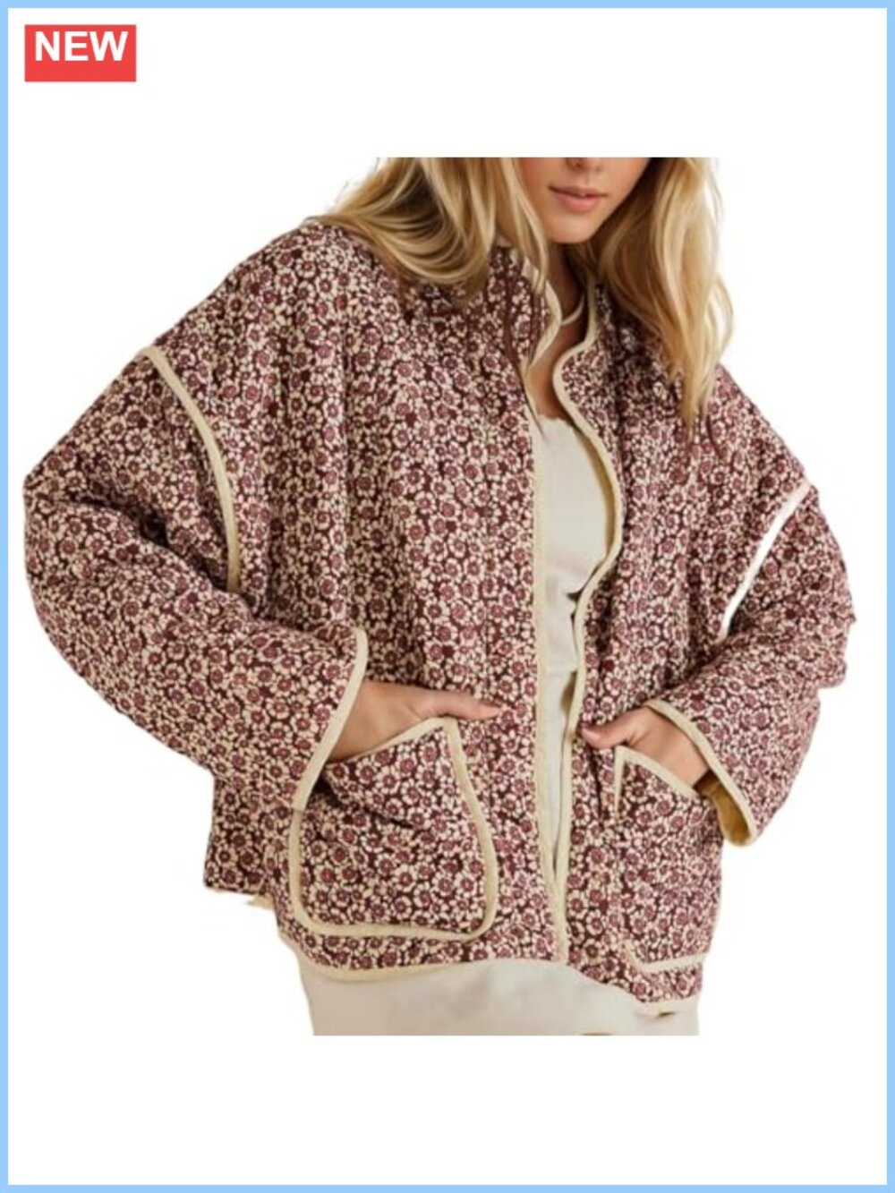 Cropped Quilted Puffer Jacket Floral Print Open Front Lightweight Short Coat